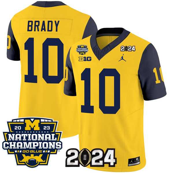 Men%27s Michigan Wolverines #10 Tom Brady Yellow Navy 2024 F.U.S.E. With 2023 National Champions Patch Stitched Jersey
